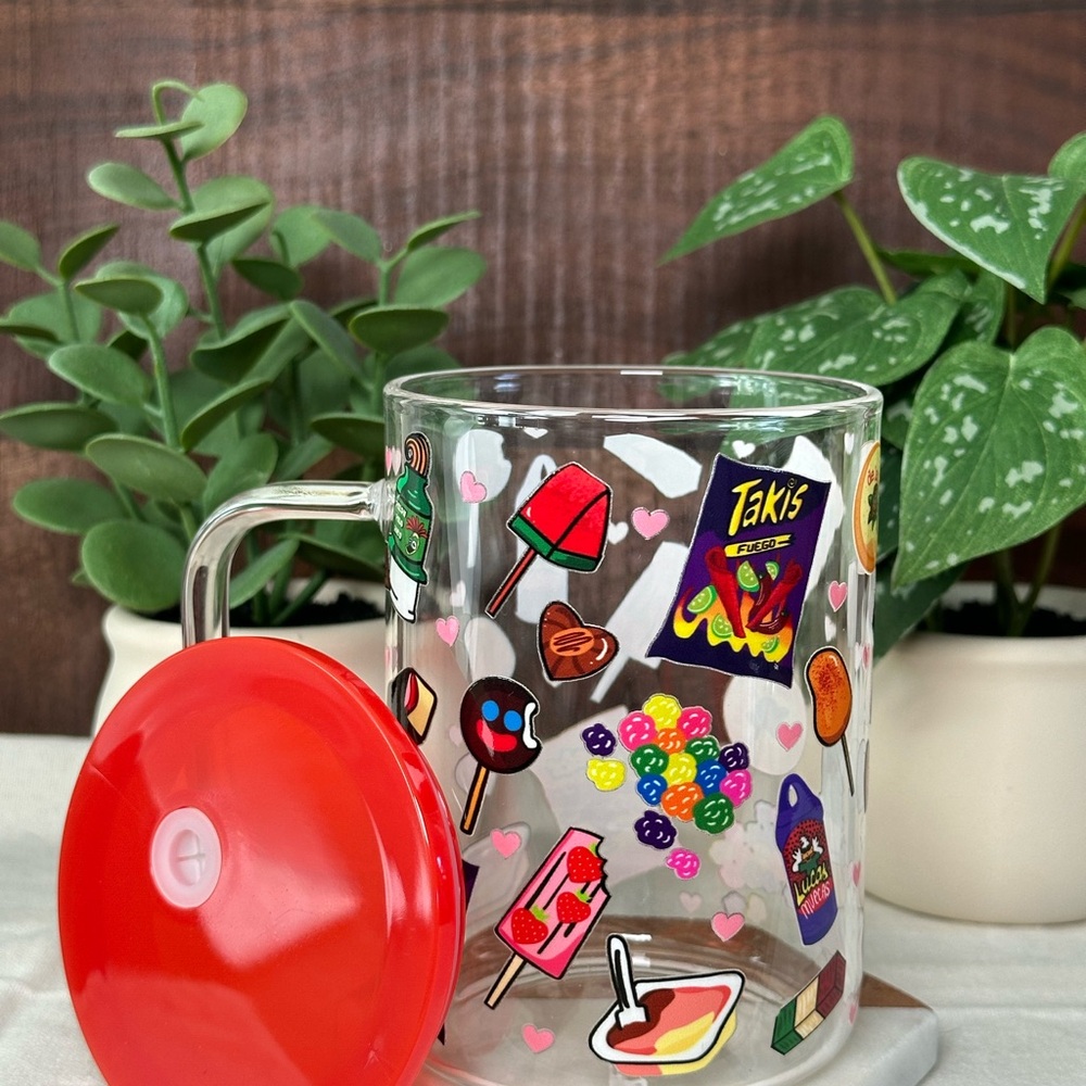 Colorful Mexican Candy Themed Glass Mug with Red Lid